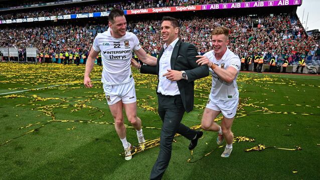 <p>Mayo players Matthew Ruane, left, and David McBrien with former Mayo inter-county player Lee Keegan after the GAA Football All-Ireland Senior Championship final match between Kerry and Mayo at Croke Park in Dublin. Photo by Seb Daly/Sportsfile</p>