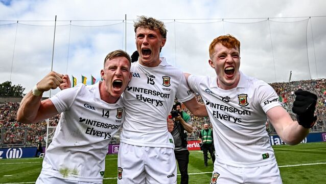 <p>THREE STARS: Mayo players, from left, Ryan O'Donoghue, Kobe McDonald and Darragh Beirne celebrate after their side's victory in the GAA Football All-Ireland Senior Championship final match between Kerry and Mayo at Croke Park in Dublin. Photo by Seb Daly/Sportsfile</p>