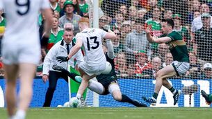 <p>Mayo’s Darragh Beirne scores his side's goal. Pic: INPHO/James Crombie</p>