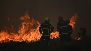 <p>Firefighters spray water in a burning forest near Lacanau, southwestern France, Saturday, July 25, 2026. (AP Photo/Emma Da Silva)</p> <p>Firefighters spray water in a burning forest near Lacanau, southwestern France, Saturday, July 25, 2026. (AP Photo/Emma Da Silva)</p>
