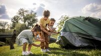 a multigenerational family is camping in a park by the river and setting up a tent