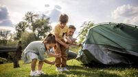 a multigenerational family is camping in a park by the river and setting up a tent