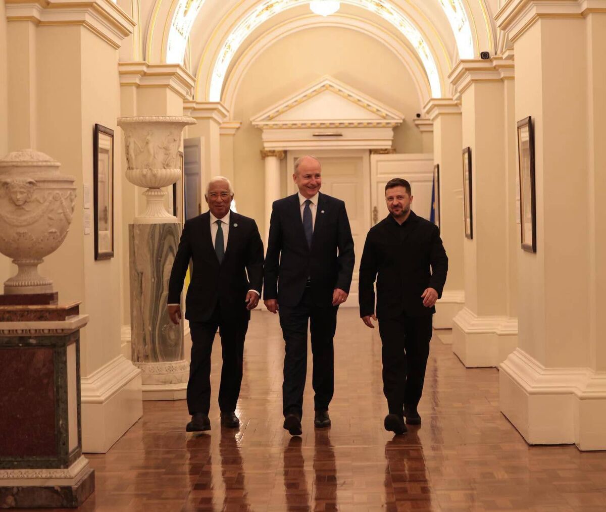 Taoiseach Micheál Martin and Volodymyr Zelenskyy, with the president of the European Council António Costa, left, during the Ukraine president’s recent visit to Ireland, during which he said to Mr Martin: ‘Every tonne of raw materials that end up in Russia is used against us in this war.’