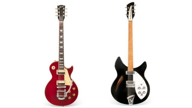 <p>Johnny Marr's 1960 Cherry Red Gibson ES-355 and his Rickenbacker 330 Jetglo 1982. Pictures: Christie's </p>