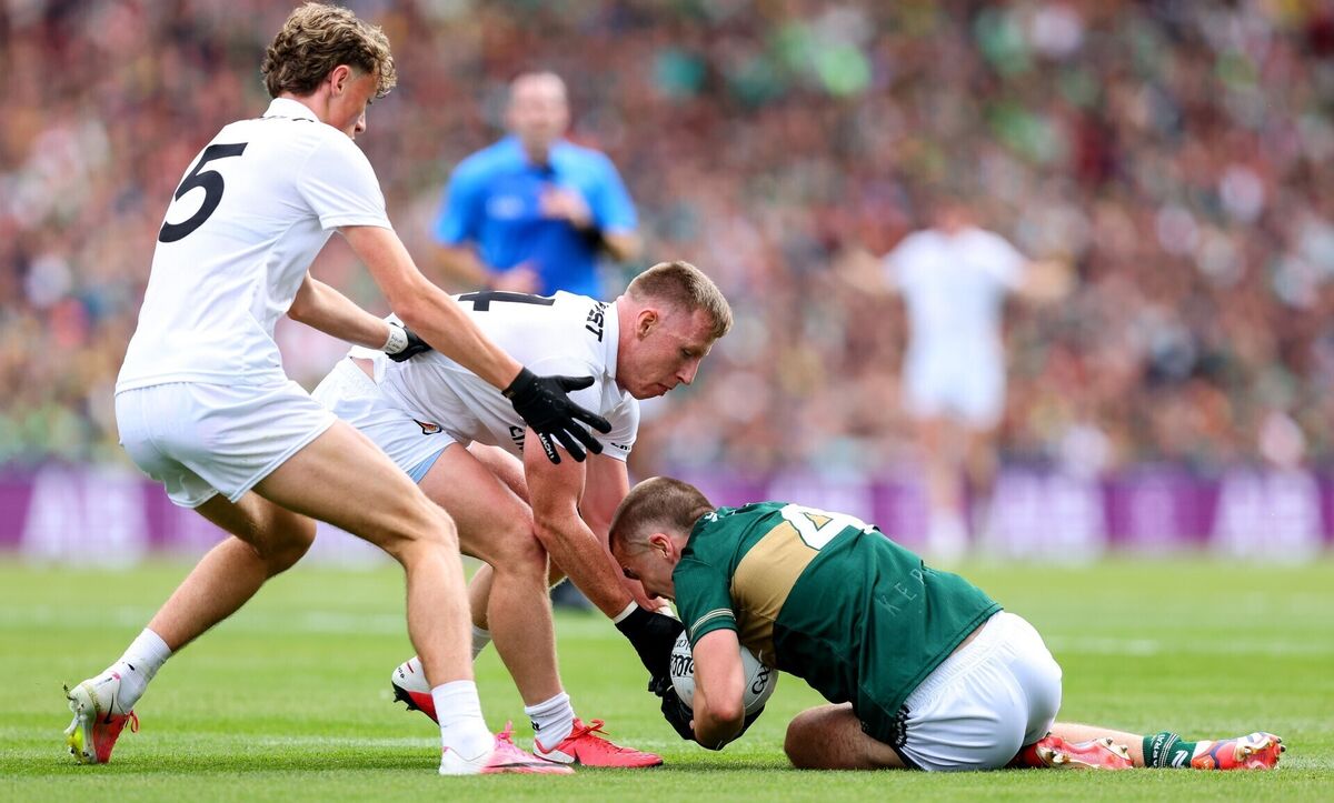 Kerry's Dylan Casey is tackled by Mayo's Ryan O'Donoghue and Sam Callinan. Pic: ©INPHO/Tom O’Hanlon Kerry's Dylan Casey is tackled by Mayo's Ryan O'Donoghue and Sam Callinan. Pic: ©INPHO/Tom O’Hanlon