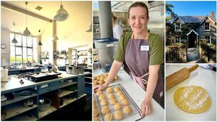 <p>The kitchens at Ballymaloe Cookery School, left; Jennifer Sheahan during the Rachel Allen-taught course, centre; and top right, the cottage accommodation for students. </p>