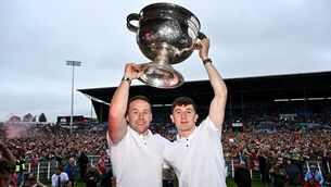 <p>Mayo manager Andy Moran, left, and captain Jack Coyne during the homecoming celebrations of the All-Ireland Senior Football Champions at Hastings Insurance MacHale Park in Castlebar, Mayo. Photo by John Sheridan/Sportsfile</p>