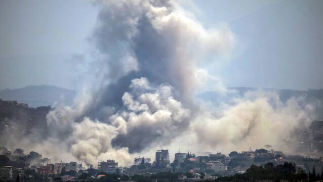<p>Smoke rises over the village of Kfar Tibnit in Zawtar al-Sharqiyah in southern Lebanon after a missile strike by Israeli military forces on Thursday. Picture: Ibrahim Amro/AFP/Getty</p>