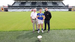 <p>READY TO GO: Pat Horgan, Chairperson Cork Gaa, Jack Kearney, Kilshannig and Jerry Riordan, Co-Op Superstores Retail Operations Manager, at the Cork Championship launch. Pic: Jim Coughlan.</p>