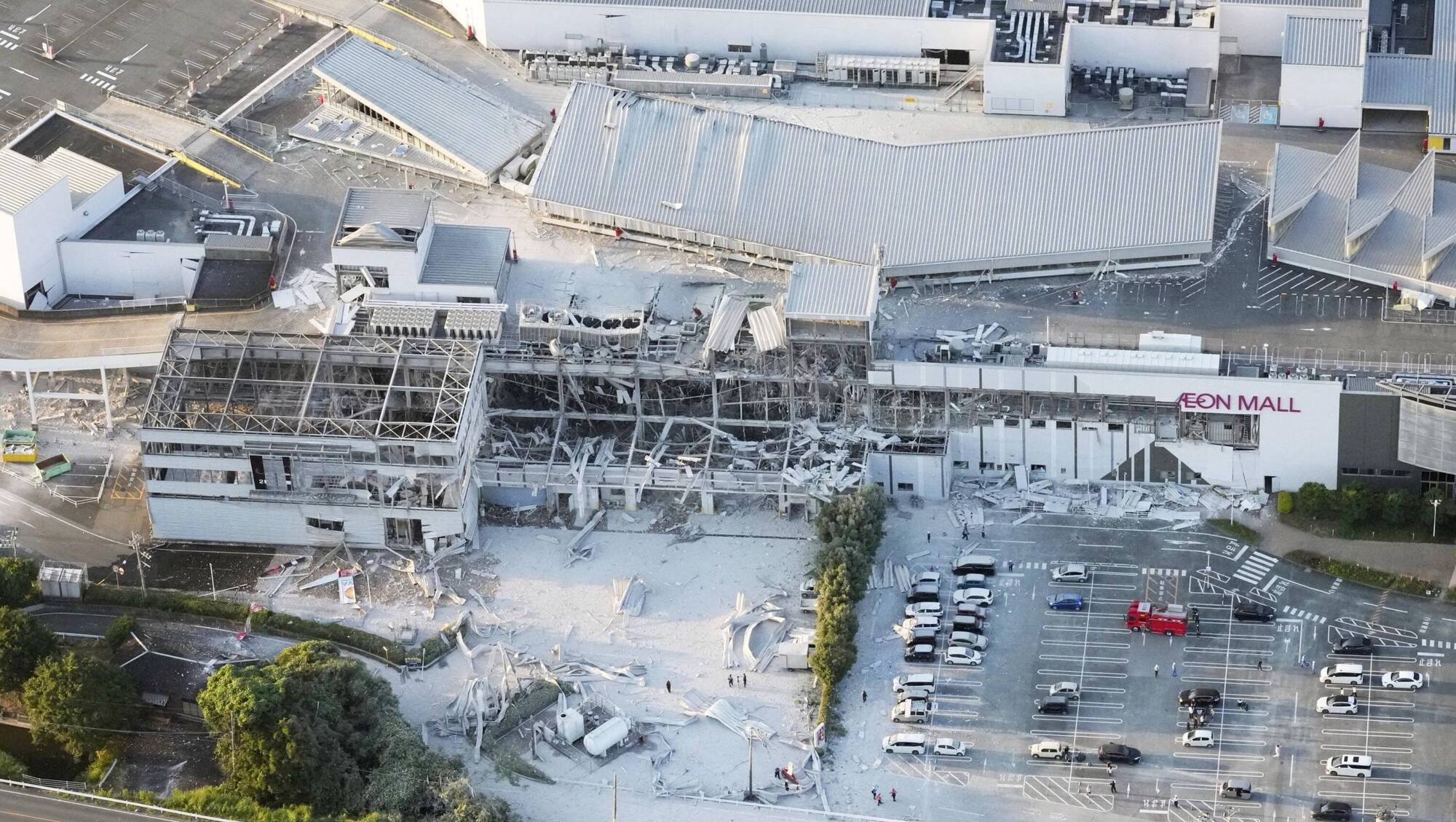 An aerial view shows the damaged Aeon Mall shopping centre after an earthquake with a preliminary magnitude of 7.1 struck Japan's southern Kumamoto prefecture, in Kashima Town, Kumamoto Prefecture, Japan, July 28, 2026. Picture: Kyodo/via REUTERS