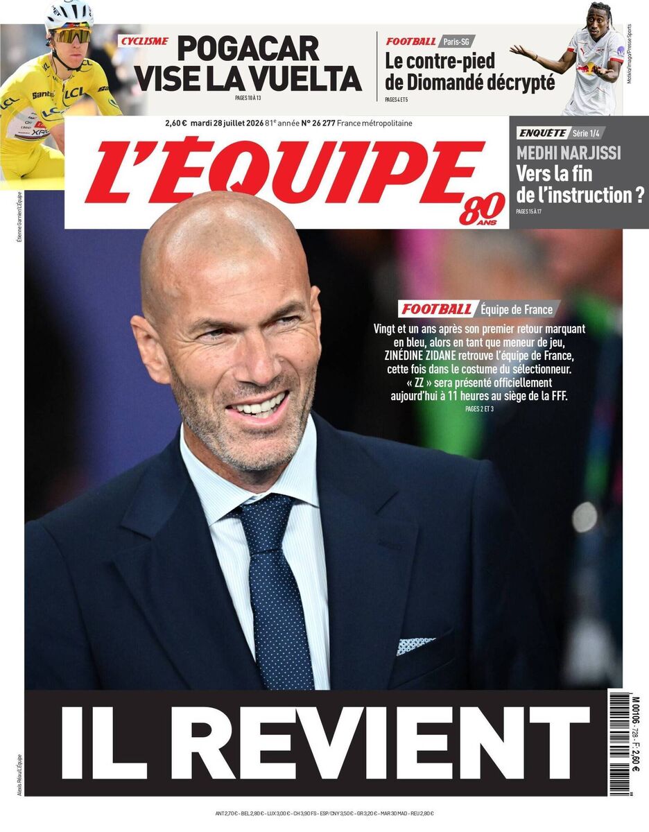 The front page of Tuesday's L'Equipe welcoming back Zizou