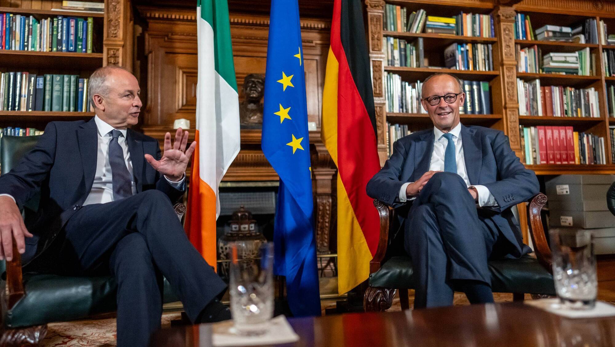 Taoiseach Micheál Martin with German chancellor Friedrich Merz at a bilateral meeting in Farmleigh House, Dublin, on Tuesday.