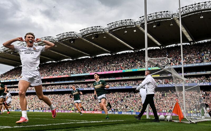 Kobe McDonald of Mayo celebrates a late score. Pic: Stephen McCarthy/Sportsfile