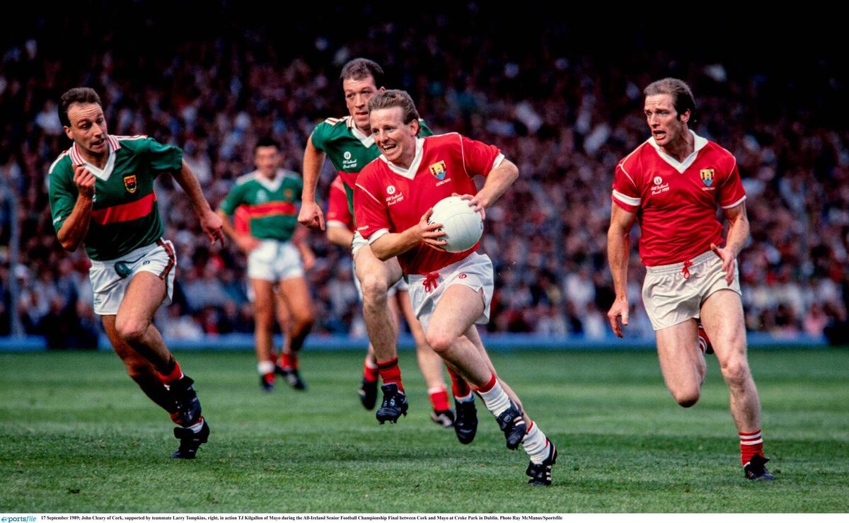 John Cleary of Cork, supported by teammate Larry Tompkins, right, in action against TJ Kilgallon of Mayo during the 1989 All-Ireland SFC final. Pic: Ray McManus/Sportsfile John Cleary of Cork, supported by teammate Larry Tompkins, right, in action against TJ Kilgallon of Mayo during the 1989 All-Ireland SFC final. Pic: Ray McManus/Sportsfile