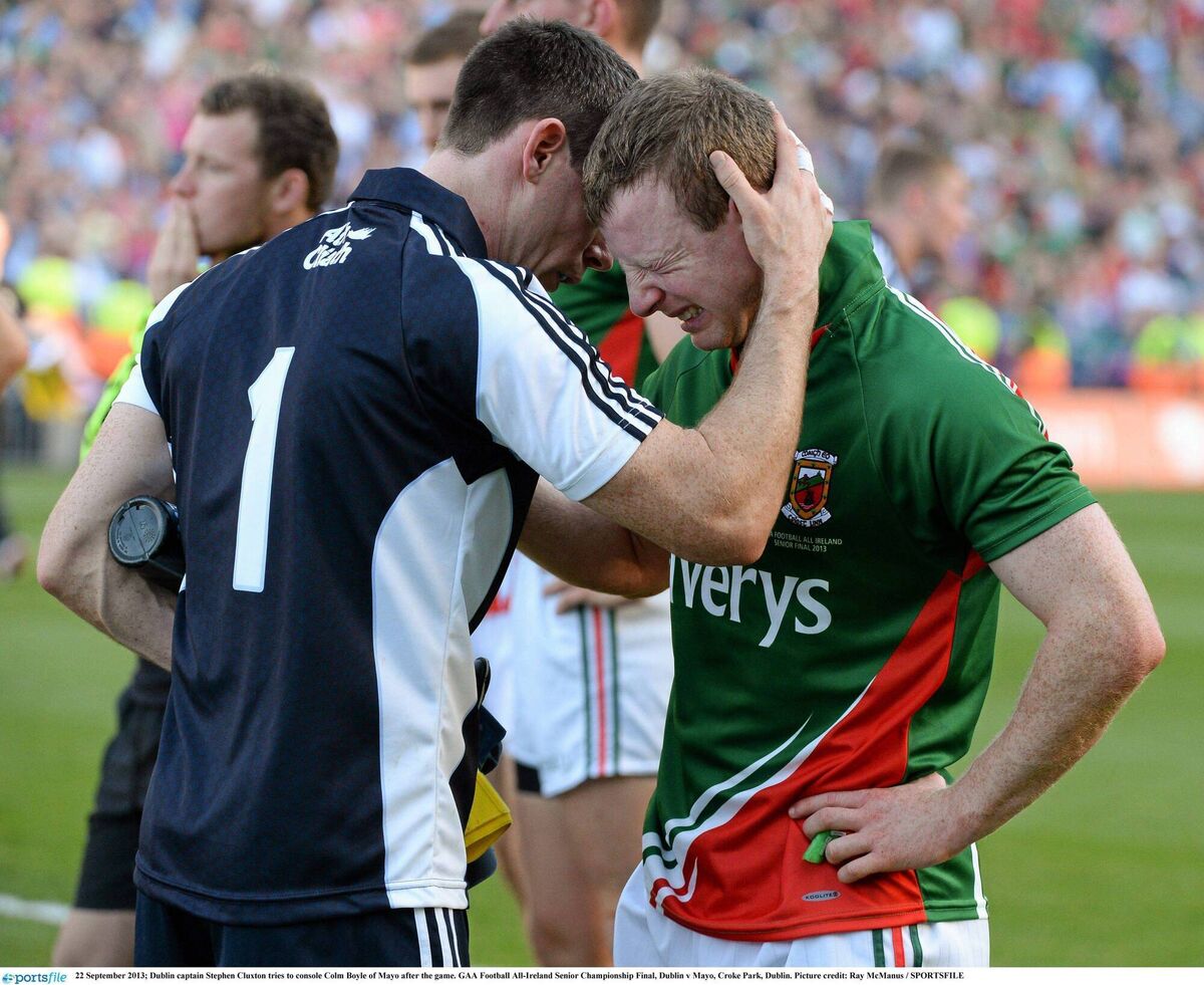 Dublin captain Stephen Cluxton tries to console Colm Boyle of Mayo after the 2013 All-Ireland SFC final. Pic: Ray McManus / SPORTSFILE Dublin captain Stephen Cluxton tries to console Colm Boyle of Mayo after the 2013 All-Ireland SFC final. Pic: Ray McManus / SPORTSFILE