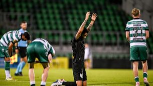 <p>28 July 2026; Bruno Wilson of Ararat-Armenia celebrates at the final whistle of the UEFA Champions League Second Qualifying Round second leg match between Shamrock Rovers and Ararat-Armenia at Tallaght Stadium in Dublin. Photo by Sam Barnes/Sportsfile</p>