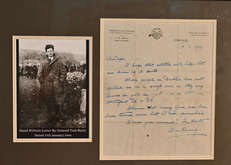A hand written letter from Gerneral Tom Barry in the Michael Collins Centre Museum. Picture: Martin Walsh. A hand written letter from Gerneral Tom Barry in the Michael Collins Centre Museum. Picture: Martin Walsh.