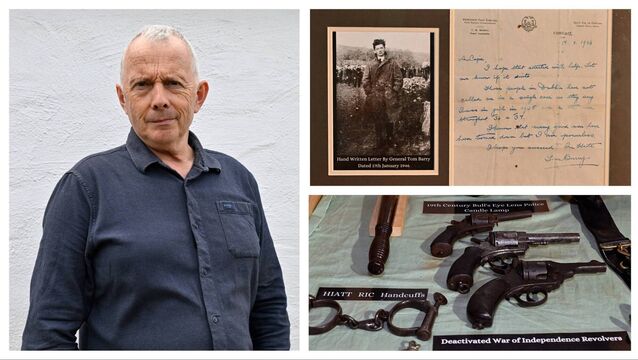<p>Tim Crowley and various images from the Micheal Colins Centre Museum in Castleview, Ballinroher, Clonakilty, West Cork. Pictures: Martin Walsh.</p>