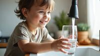 Smiling child draws water from kitchen faucet into glass. Kid enjoys clean water in home. Concept availability, safety of clean