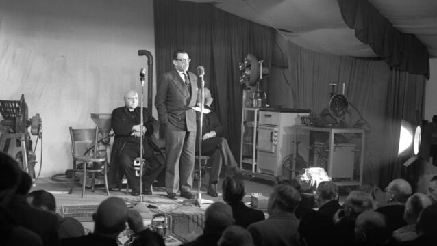 <p>Then tánaiste Seán Lemass at the official switching on of electricity at Ballinamult Creamery in Co Waterford on March 1, 1954. The creamery was the 100,000th account connected during the  Rural Electrification Scheme. Picture: Irish Examiner Archive</p>