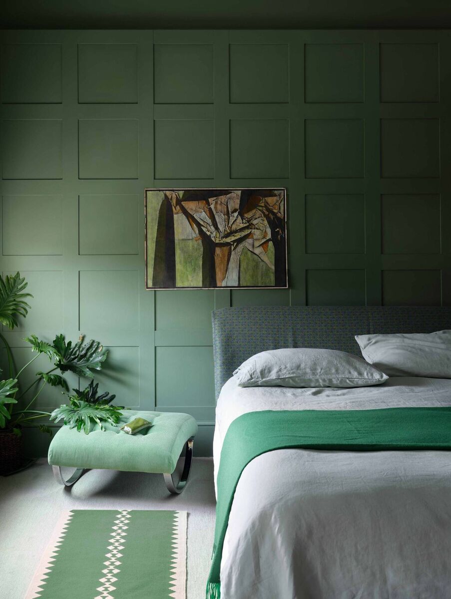 Calke Green by Farrow &amp; Ball. The soft grey rubbed sheets and dimensionality of the panelling lifts this scheme with a single tone of green, from €25 per litre for Estate Emulsion, suppliers include Pat McDonnell Paints, McDonnellpaints.ie. 