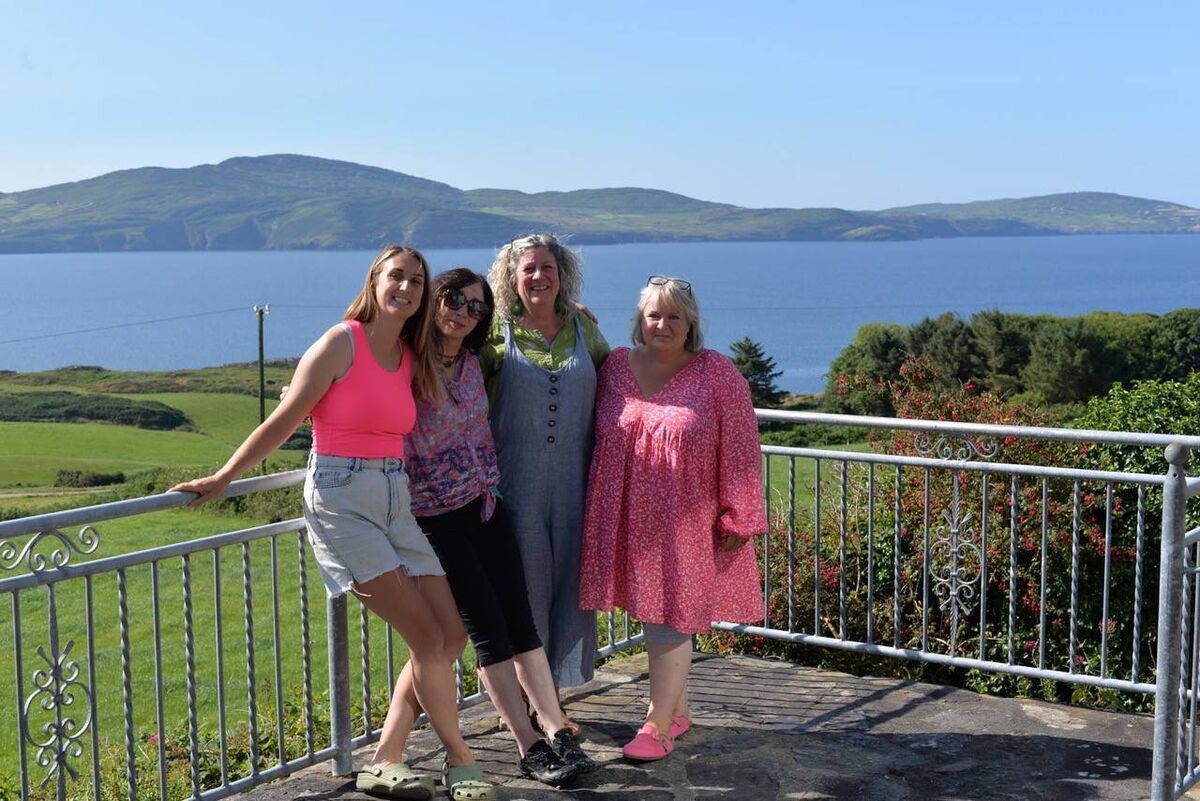 From left: Some of the exhibiting artists at Idir Neamh agus Talamh: Mary O’Mahony, Siobán O’Leary, Linda Morse, and Mellie Spurling, in the garden at the Alice West Centre, Black Gate, Kilcrohane, on the Sheep’s Head Peninsula.