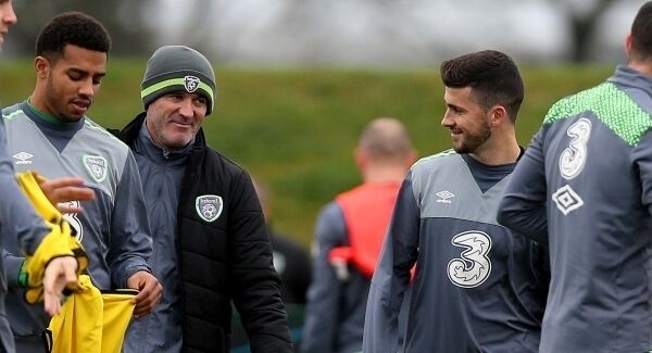 Assistant manager Roy Keane with Shane Long at Ireland squad training in the FAI National Training Centre at Abbotstown. Photo: INPHO/Donall Farmer