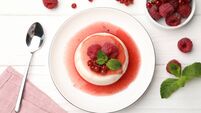 iStock-2256071520.jpg Delicious panna cotta with berries, sauce and mint on white wooden table, flat lay