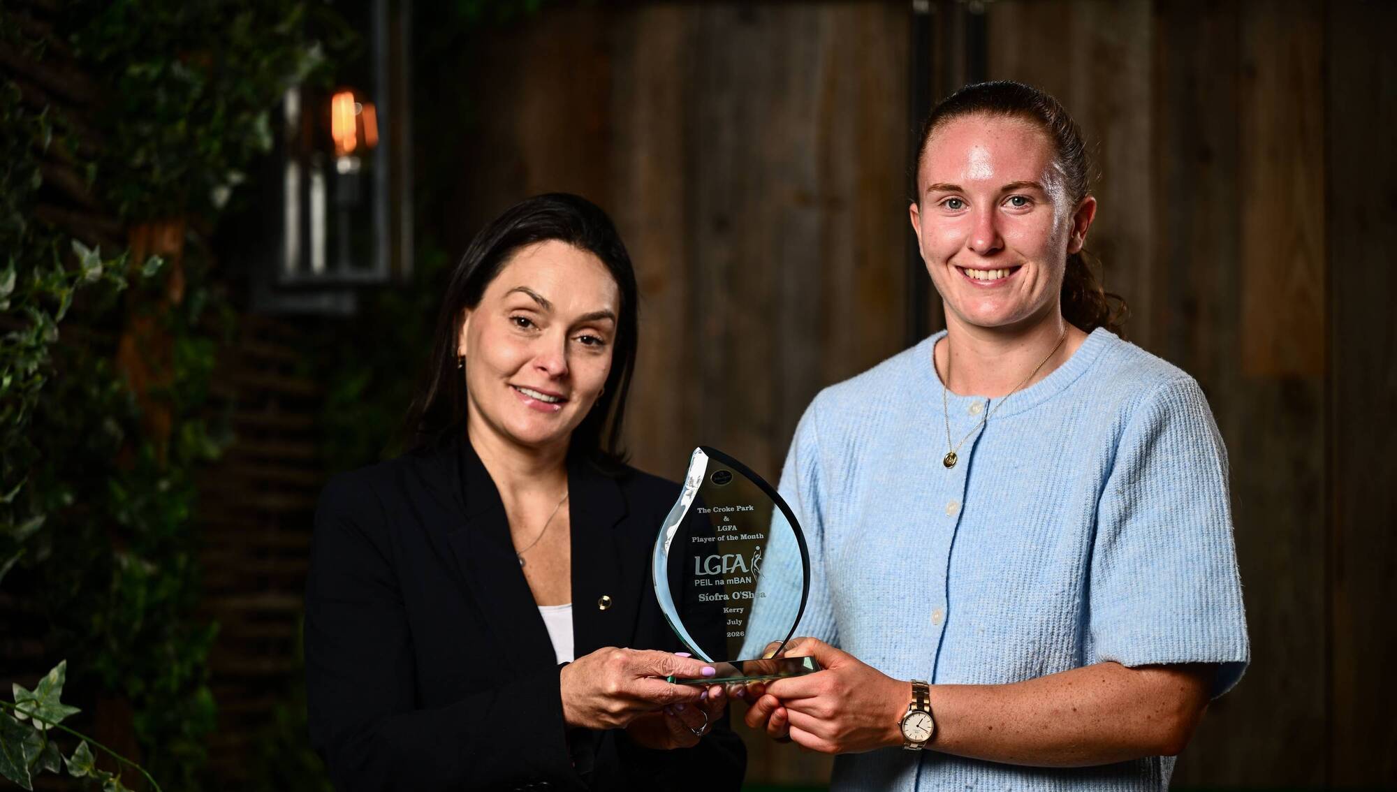 Kerry’s Síofra O'Shea is presented with The Croke Park Hotel/LGFA Player of the Month award for July 2026 by Natalia D'Alcantara, Director of Food & Beverage, The Croke Park Hotel. Picture: Shauna Clinton/Sportsfile
