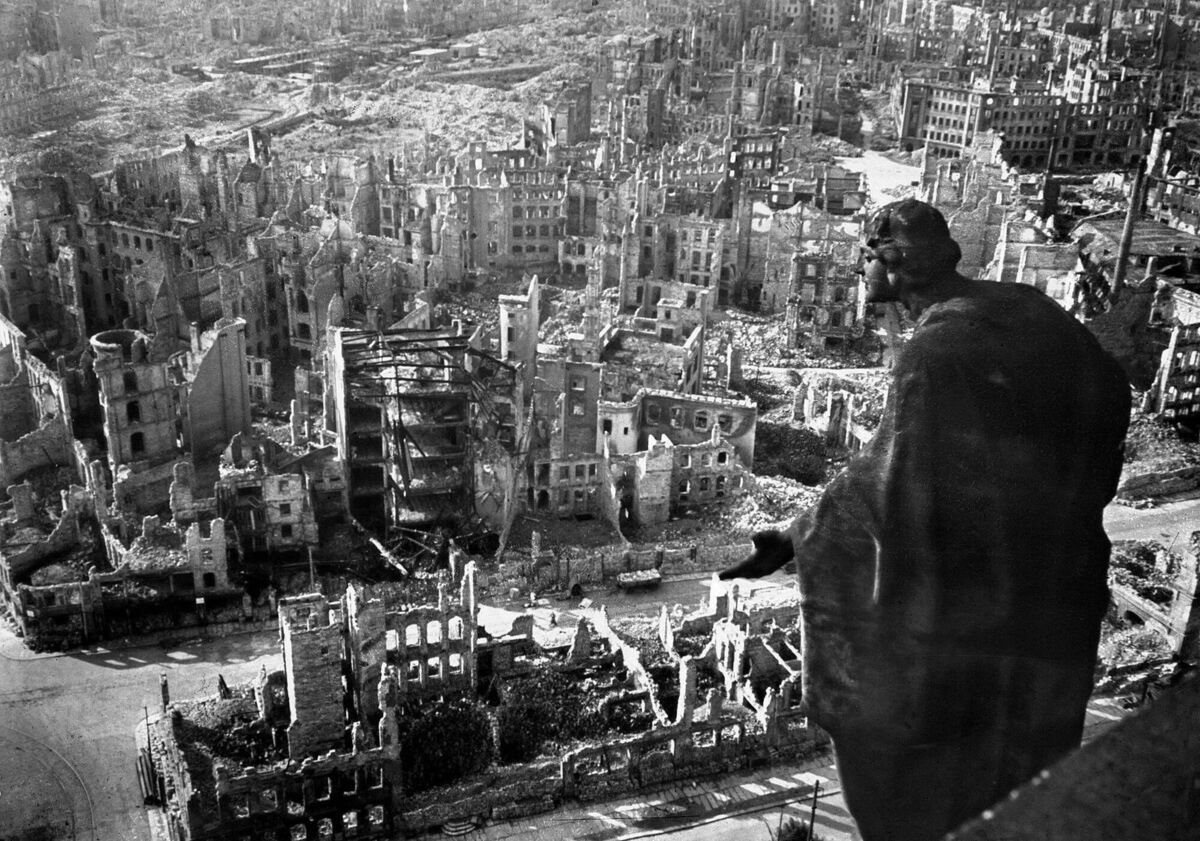 View from Dresden's townhall of the destroyed Old Town after Allied bombings in Feb 1945. The Frauenkirche (Church of Our Lady) was restored by 2005 at a cost of €130 million. (Photo: Walter Hahn/AFP/Getty Images)