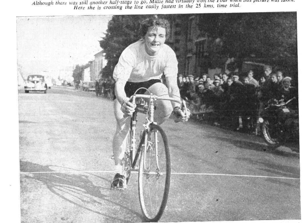 Mayo-born cycling champion Millie Robinson nearing victory in the 25kms time trial in the 1955 Tour de France. Mayo-born cycling champion Millie Robinson nearing victory in the 25kms time trial in the 1955 Tour de France.