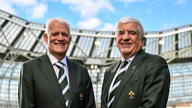 <p>New IRFU President Tony O'Beirne, right, and Incoming Chair of IRFU Management Committee Stephen Black during the announcement at the Aviva Stadium. Pic: Sam Barnes/Sportsfile</p>