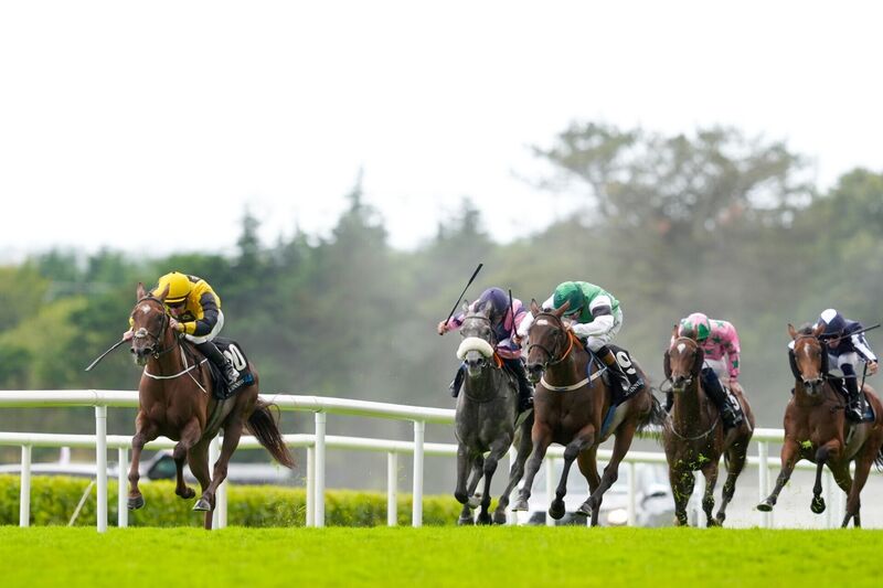 Gary Carroll riding Pivotal Attack (left) to win the Arthur Guinness Irish EBF Corrib Fillies Stakes. Pic: Brian Lawless/PA