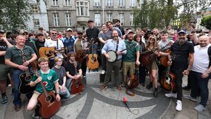 <p>Musicians pose for a photo after playing music in memory of Glen Hansard in Dublin on Thursday. Picture: Damien Eagers/PA</p> <p>Musicians pose for a photo after playing music in memory of Glen Hansard in Dublin on Thursday. Picture: Damien Eagers/PA</p>