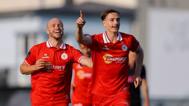 <p>Daniel Kelly celebrates with team-mate Kerr McInroy after scoring Shelbourne's first goal during the Uefa Conference League Second Qualifying Round second leg match against Kalju  at Pärnu Rannastaadion in Parnu, Estonia. Pic: Evaldas Semiotas/Sportsfile</p>
