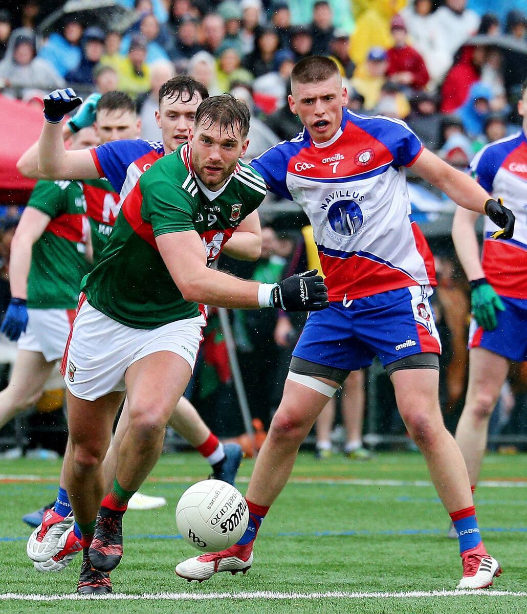 Aidan O'Shea challenged by fellow Mayo man Matthew Queenan (Lahardane Machales/Mayo Accolades) during the 2019 Connacht quarter-final between Mayo and New York in Gaelic Park, The Bronx. Picture: Andy Marlin/Inpho Aidan O'Shea challenged by fellow Mayo man Matthew Queenan (Lahardane Machales/Mayo Accolades) during the 2019 Connacht quarter-final between Mayo and New York in Gaelic Park, The Bronx. Picture: Andy Marlin/Inpho