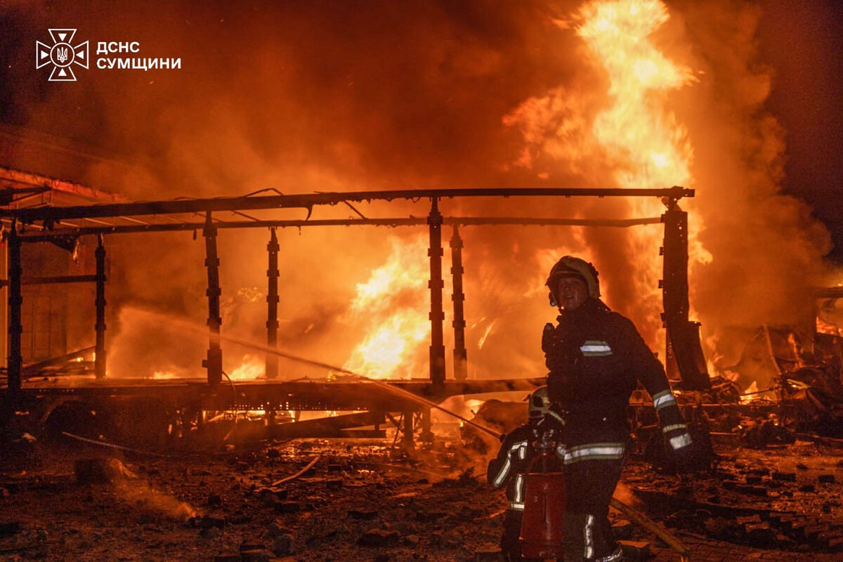 Firefighters tackle a blaze in Sumy, Ukraine, following a Russian air attack last Saturday, July 25. Picture: Ukrainian Emergency Service/AP