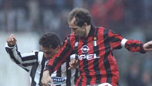 <p>1 Apr 1995: Robertio Baggio (left) of Juventus takes on Franco Baresi (right) of AC Milan during a Serie A match at the San Siro Stadium in Milan, Italy. Juventus won the match 2-0. \ Mandatory Credit: Allsport UK /Allsport</p> <p>1 Apr 1995: Robertio Baggio (left) of Juventus takes on Franco Baresi (right) of AC Milan during a Serie A match at the San Siro Stadium in Milan, Italy. Juventus won the match 2-0. \ Mandatory Credit: Allsport UK /Allsport</p>