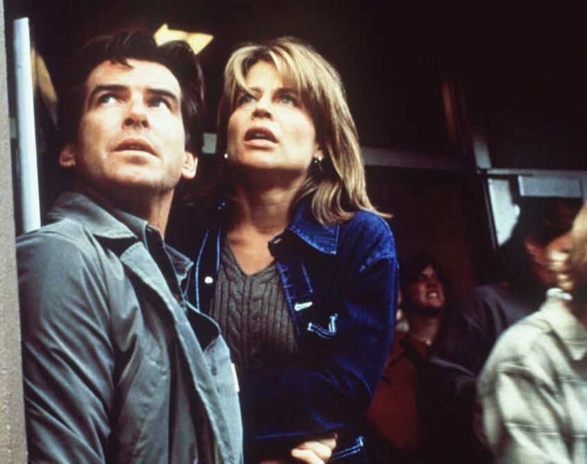 Pierce Brosnan and Linda Hamilton in the 1997 disaster flick, 'Dante's Peak'. Pierce Brosnan and Linda Hamilton in the 1997 disaster flick, 'Dante's Peak'.