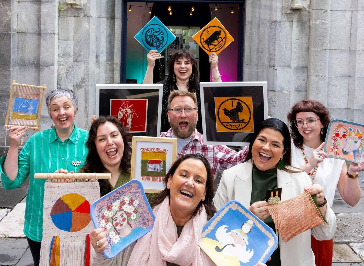 Cork Craft &amp; Design makers (clockwise from left), Sabina Lucas, John Bastow, Fernanda Schneider, and Diana Skalkos (front), with Cork Craft Month team members Jade Hogan (left), Niamh Hughes (back), and Ava Hayes (right). 