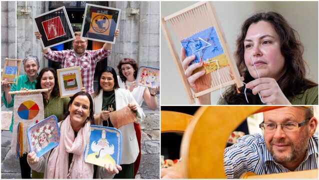<p>Weaver Sabina Lucas, above, right, wooden toy maker and chair of Cork Craft &amp; Design Board Michael Whyte of Ro Óg Ltd, and makers (clockwise from left), Sabina Lucas, John Bastow, Fernanda Schneider, and Diana Skalkos (front), with Cork Craft Month team members Jade Hogan (left), Niamh Hughes (back), and Ava Hayes (right). Pictures: Michael O'Sullivan/OSM</p>