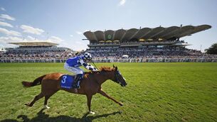 <p> Defiantly and Dylan Browne McMonagle (blue and white) winning The Coral Goodwood Handicap Stakes. Pic: Healy Racing.</p> <p> Defiantly and Dylan Browne McMonagle (blue and white) winning The Coral Goodwood Handicap Stakes. Pic: Healy Racing.</p>