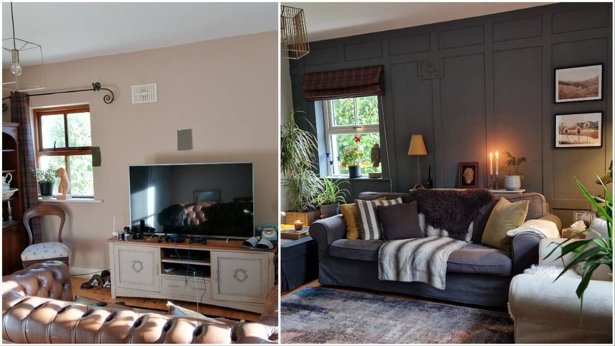 The den, before and after. 
