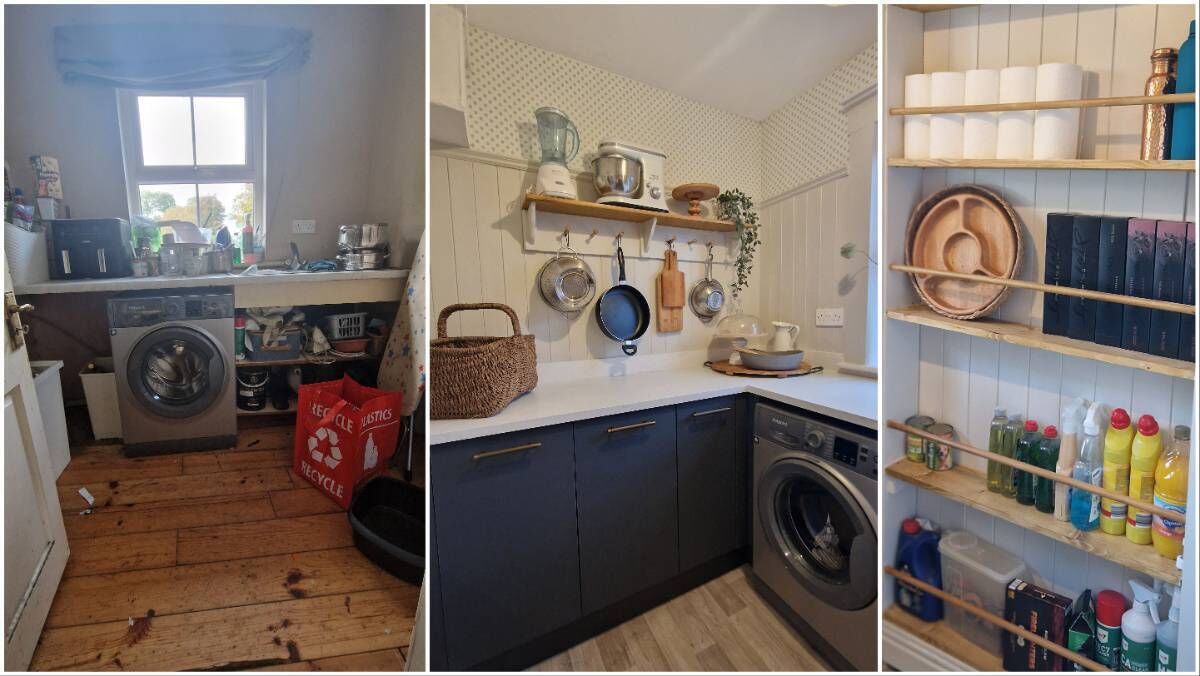 Aileen's utility room, before and after, and far right, the door she created in the utility room.