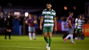<p>Roberto 'Pico' Lopes of Shamrock Rovers leaves the pitch after being shown a red card. Pic: Seb Daly/Sportsfile</p>