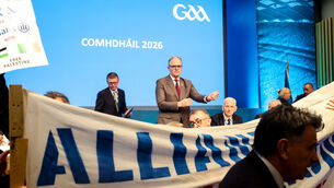 <p>Protesters confront GAA President Jarlath Burns at the association's Annual Congress in February of 2026. Pic: INPHO/Nick Elliott</p>
