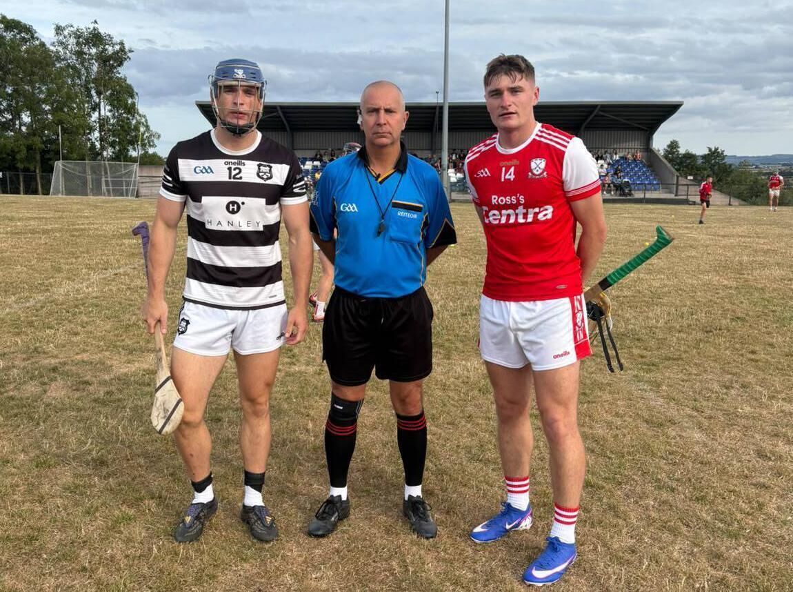 Captains Tom Hanley, Ballyhea and Sean Desmond, Watergrasshill, with referee Brendan Barry Murphy before their Co-Op Superstores SAHC clash at Kildorrery. Picture: Amy Allen
