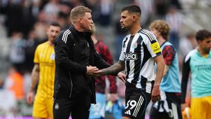 <p>Newcastle United manager Eddie Howe and Bruno Guimaraes. Pic: Owen Humphreys/PA</p>