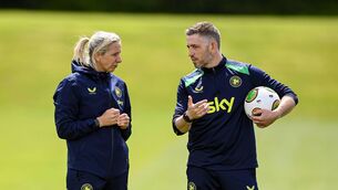 <p>GONE: Ireland assistant coach Gary Cronin in conversation with head coach Carla Ward during a Republic of Ireland training camp at Fota Island Resort in Cork. Pic: Stephen McCarthy/Sportsfile</p>