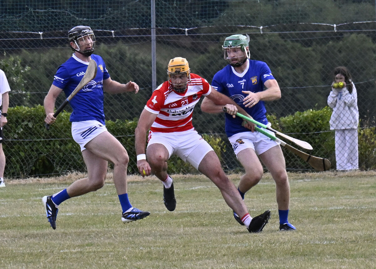 Sean Twomey (Courcey Rovers) gains possession ahead of Conor Desmond (Ballinhassig) in the Co-Op Superstores Senior A Hurling Championship in Kilbrittain. Picture: Martin Walsh.